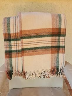 Koc wełniany z frędzlami Krzyś II 160x200 kratka ekri zielony rudy