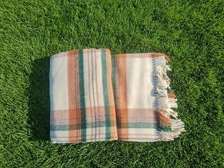 Koc wełniany z frędzlami Krzyś II 160x200 kratka ekri zielony rudy