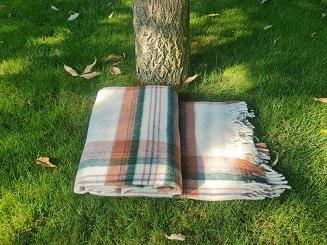 Koc wełniany z frędzlami Krzyś II 160x200 kratka ekri zielony rudy