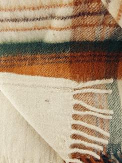 Koc wełniany z frędzlami Krzyś II 160x200 kratka ekri zielony rudy