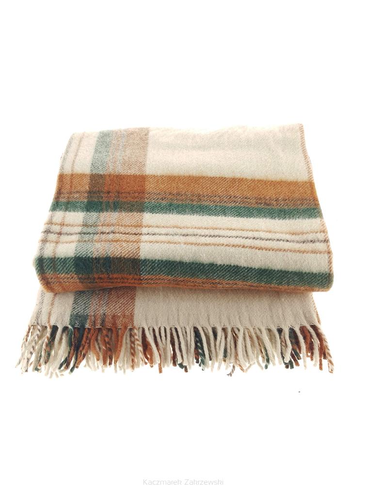 Koc wełniany z frędzlami Krzyś II 160x200 kratka ekri zielony rudy