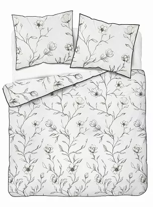 Pościel z perkalu Lamé Percale 160x200 biała w rysowane czarne kwiaty ozdobna lamówka biza