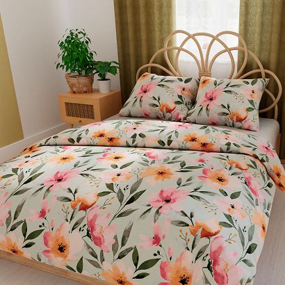 Komplet pościeli z bawełny satynowej FLORALIS 220x200 szałwiowa kolorowe akwarelowe kwiaty