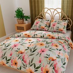 Komplet pościeli z bawełny satynowej FLORALIS 220x200 szałwiowa kolorowe akwarelowe kwiaty