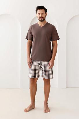 Piżama męska REGINA kod 505 brązowa spodenki w kratę