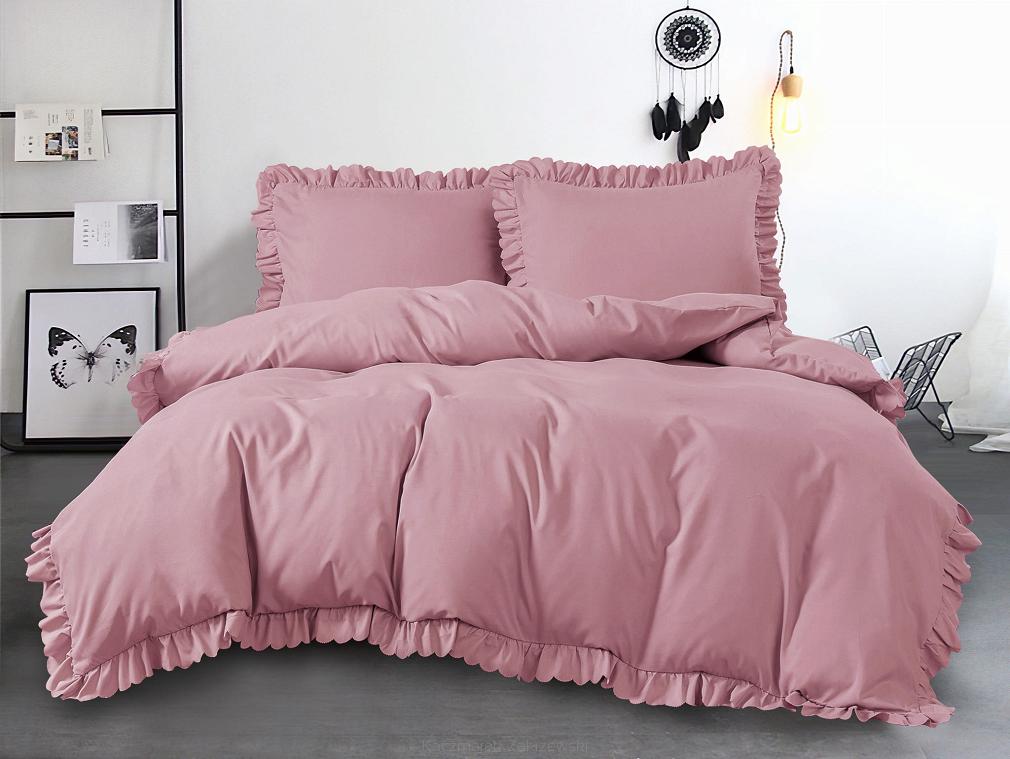 Pościel 160x200 pudrowa różowa z falbankami