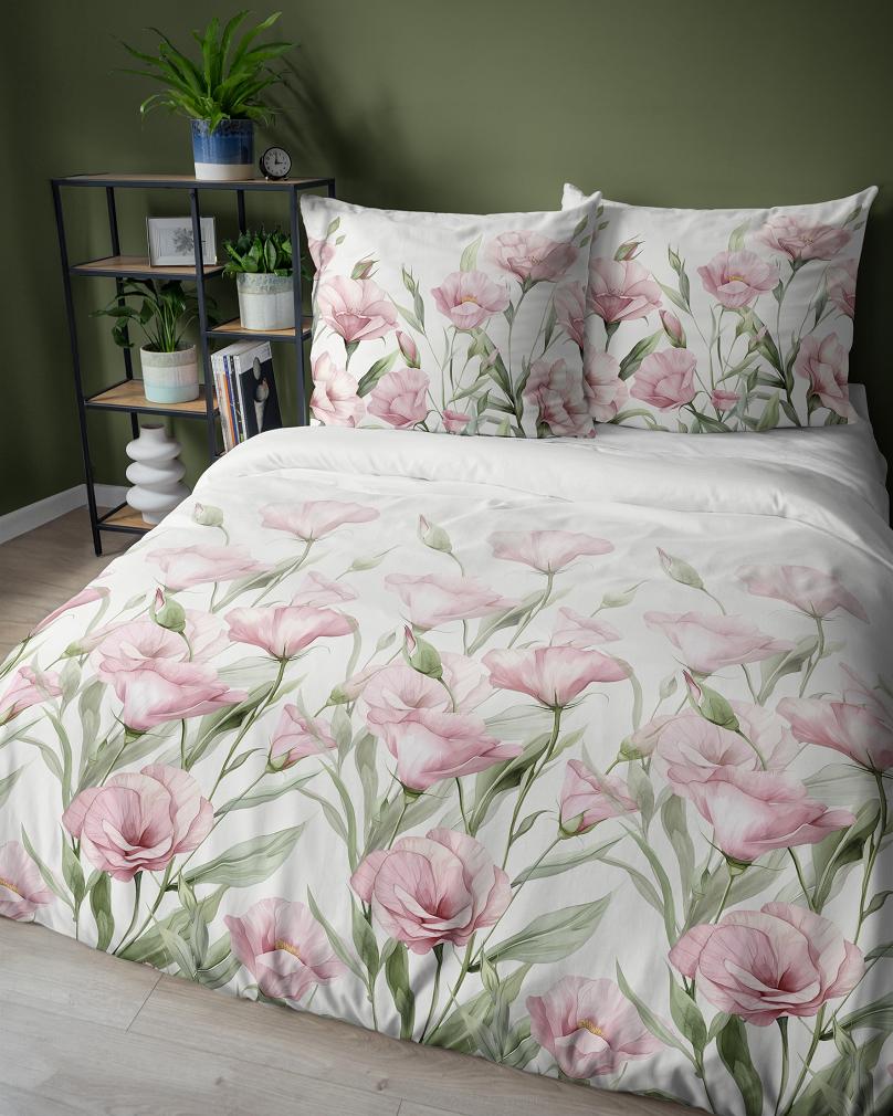 Pościel satynowa 220x200 Detexpol biała różowa eustomy