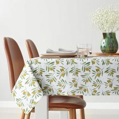 Obrus dekoracyjny wodoodporny ERIN 140x220 Eurofirany biały zielony w oliwne gałązki