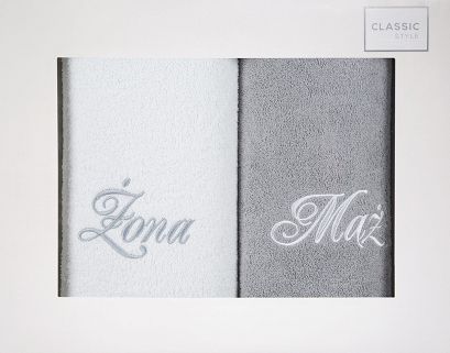 Komplet ręczników 2 szt. 50x90 Eurofirany Mąż-Żona biały popielaty