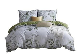 Pościel satyna bawełniana 140x200 biała zielona jasnobeżowa w gałązki liście