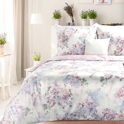 Pościel bawełniana LEA 160x200 Design91 jasnofioletowa w pastelowe kwiaty