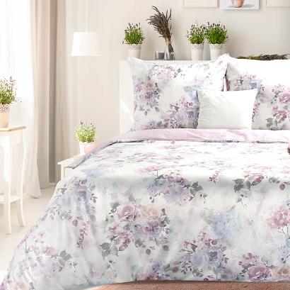 Pościel bawełniana LEA 160x200 Design91 jasnofioletowa w pastelowe kwiaty