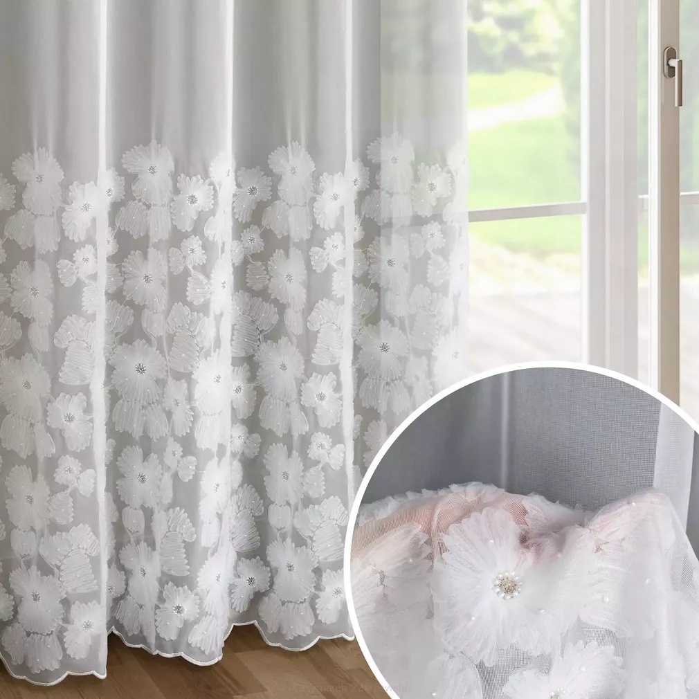 Firana gotowa na przelotkach JASMIN 140x250 Eva Minge Eurofirany biała kwiatowa aplikacja perełki