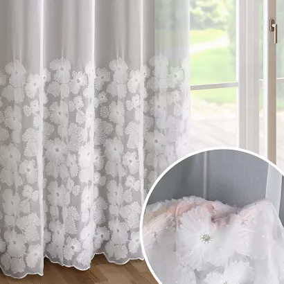 Firana gotowa na przelotkach JASMIN 140x250 Eva Minge Eurofirany biała kwiatowa aplikacja perełki na dole