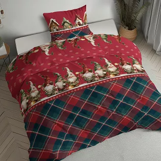 Pościel flanelowa świąteczna 140x200 czerwona zielona skrzaty