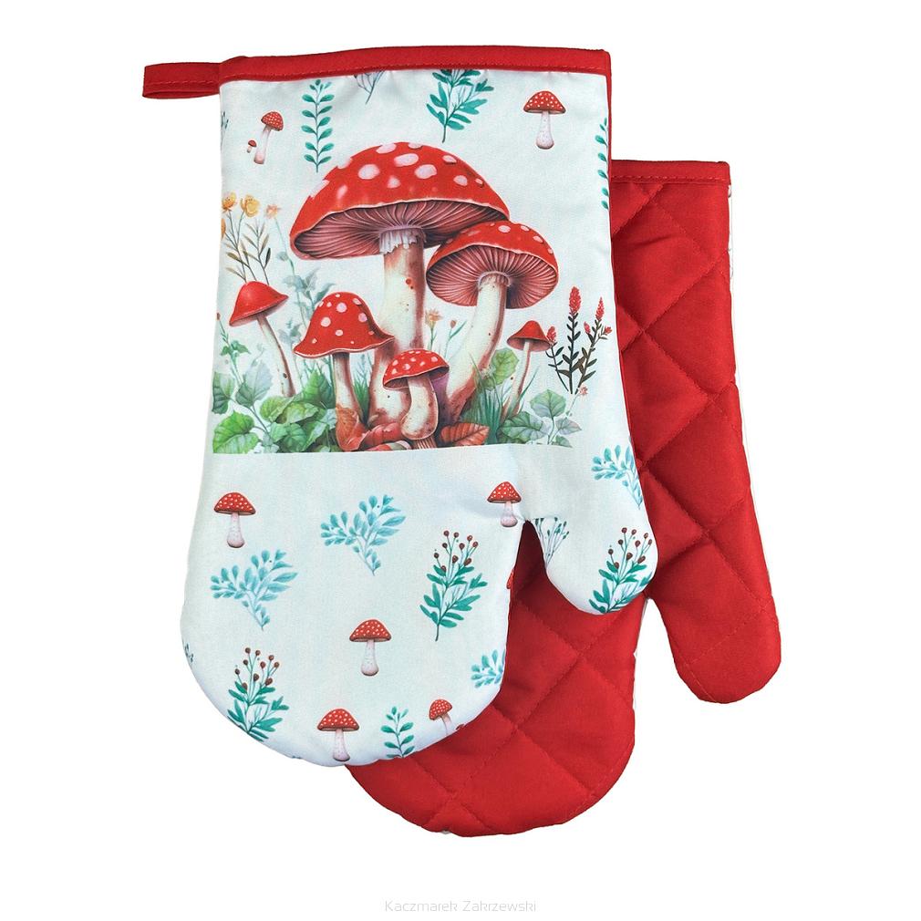Rękawice kuchenne 18x27 z magnesem 2 szt. białe czerwone muchomory