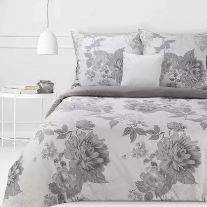 Pościel bawełniana Classic Deluxe SARA 200x220 Eurofirany szara biała duże kwiaty peonie