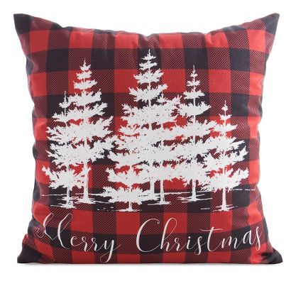 Poszewka dekoracyjna świąteczna 45x45 Eurofirany czerwona biała krata choinki napis Merry Christmas