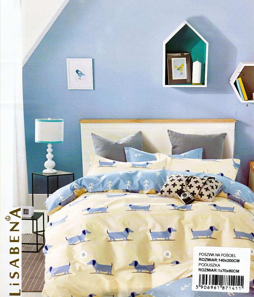 Pościel dla dzieci 140x200 kremowa niebieska jamniki