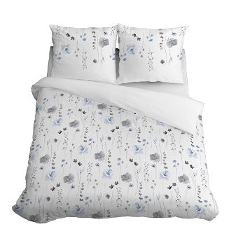 Pościel satynowa 160x220 Home Satin niebieska szara  kwiaty na białym tle