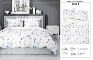 Pościel satynowa 160x220 Home Satin niebieska szara  kwiaty na białym tle