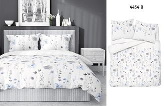Pościel satynowa 160x220 Home Satin niebieska szara  kwiaty na białym tle