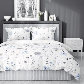 Pościel satynowa 160x220 Home Satin niebieska szara  kwiaty na białym tle