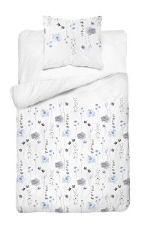 Pościel satynowa 160x220 Home Satin niebieska szara  kwiaty na białym tle