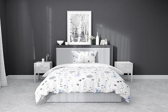 Pościel satynowa 160x220 Home Satin niebieska szara  kwiaty na białym tle