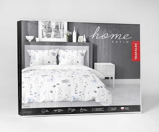 Pościel satynowa 160x220 Home Satin niebieska szara  kwiaty na białym tle