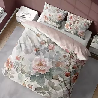 Pościel 3D z mikrofibry 220x200 różowa pastelowa szarość kwitnące róże