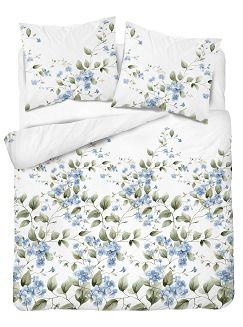 Pościel flanelowa 220x200 biała niebieskie kwiatuszki oliwkowe listki