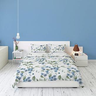 Pościel flanelowa 220x200 biała niebieskie kwiatuszki oliwkowe listki