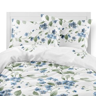 Pościel flanelowa 220x200 biała niebieskie kwiatuszki oliwkowe listki