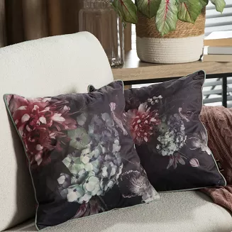 Poszewka dekoracyjna VELVET 45x45 Eurofirany ciemnofioletowa różowa kwiaty hortensje