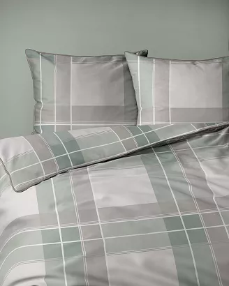 Pościel z perkalu Lamé Percale 220x200 beżowa zielona krata ozdobna lamówka biza