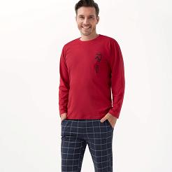 Piżama męska LUNA kod 810 bordowa z nadrukiem na boku spodnie w kratę