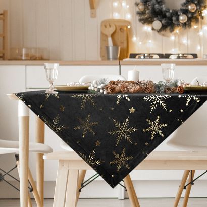 Obrus świąteczny 85x85 Eurofirany welwetowy czarny w złociste śnieżynki