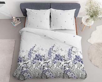 Pościel satynowa 160x200 biała niebieska ogród babci ostróżki