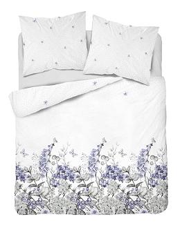 Pościel satynowa 160x200 biała niebieska ogród babci ostróżki