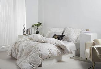 Biała Pościel Vintage z Nadrukiem Satyna Bawełniana 160x200 z Beżową Lamówką Biza