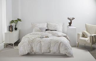 Biała Pościel Vintage z Nadrukiem Satyna Bawełniana 160x200 z Beżową Lamówką Biza