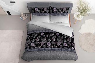 Pościel bawełniana 160x200 Detexpol czarna niebieska szara w kwiaty i liście