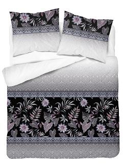 Pościel bawełniana 160x200 Detexpol czarna niebieska szara w kwiaty i liście