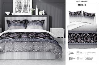 Pościel bawełniana 160x200 Detexpol czarna niebieska szara w kwiaty i liście