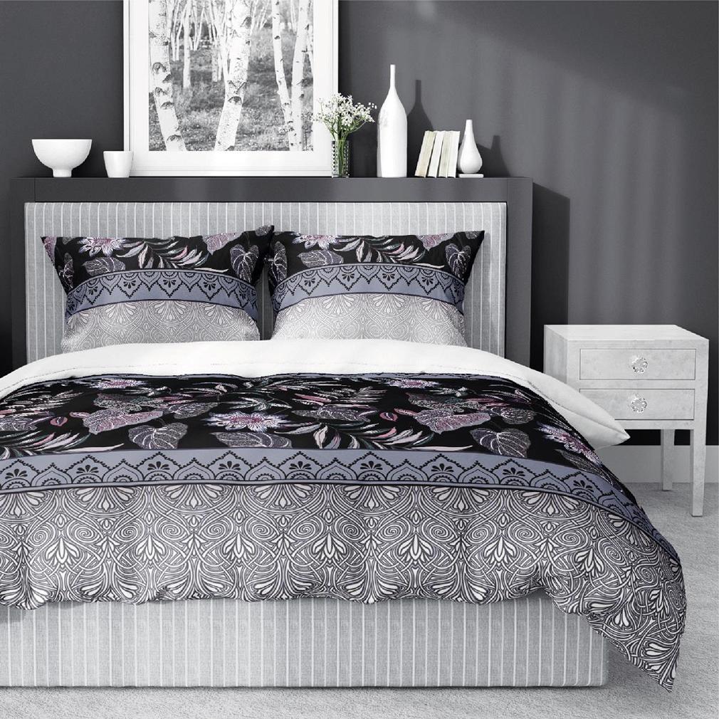 Pościel bawełniana 160x200 Detexpol czarna niebieska szara w kwiaty i liście