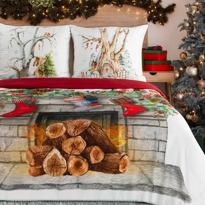 Komplet pościeli świąteczny CHARMING 140x200 Eurofirany biała czerwona kominek