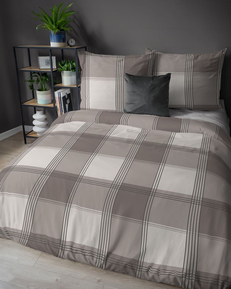 Pościel flanelowa 220x200 beżowa brązowa krata