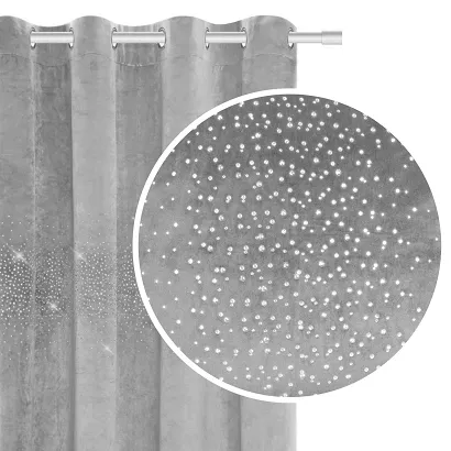 Zasłona gotowa na przelotkach Shiny 140x250 welurowa z kryształkami popielata