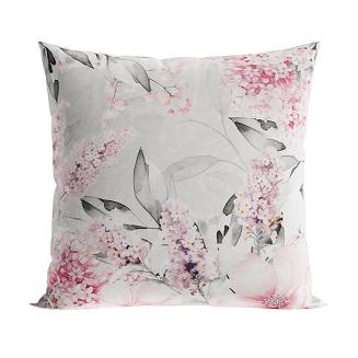 Poszewka dekoracyjna AZALEA 40x40 welwetowa szara różowa kwiaty liście
